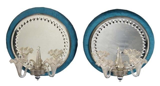 Appraisal: A PAIR OF CIRCULAR MIRRORED GIRANDOLE WALL BRACKETS with twin