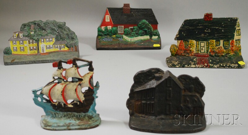 Appraisal: Five Painted Cast Iron Figural Doorstops including Buckman Tavern Lexington