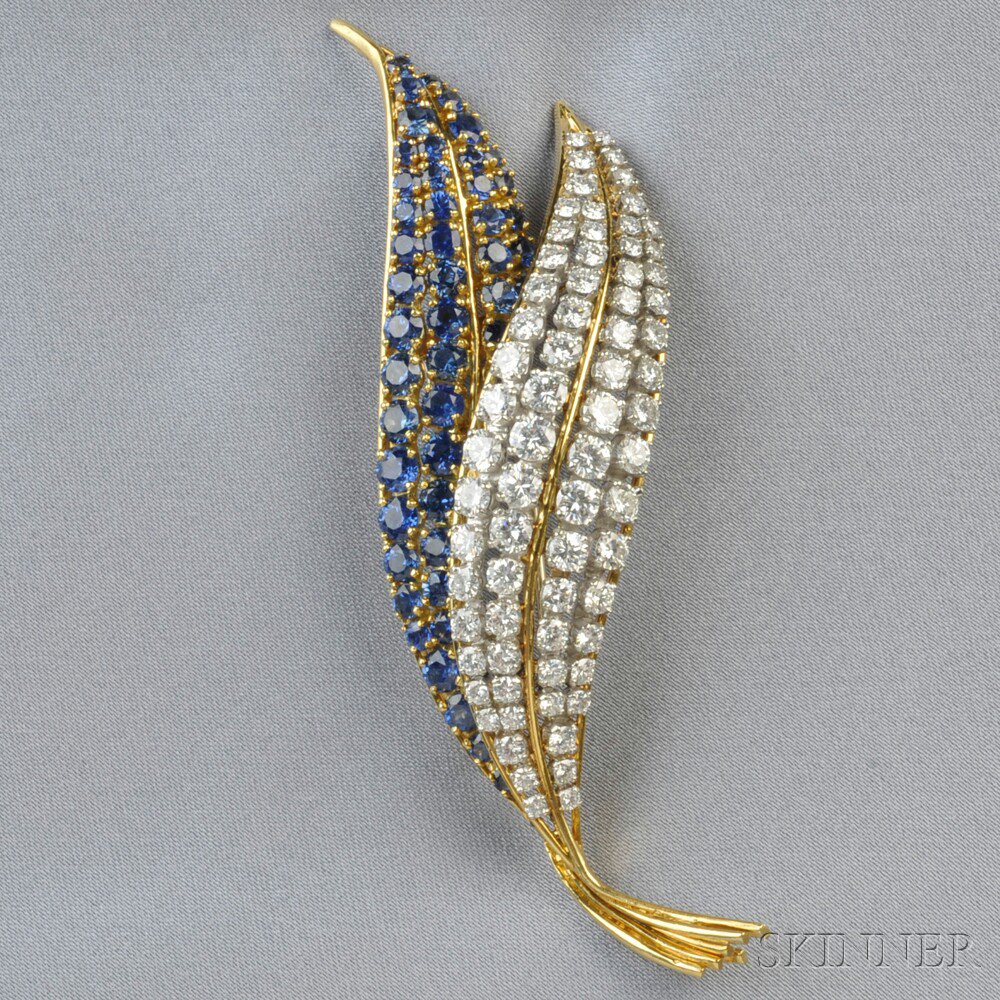 Appraisal: kt Gold Sapphire and Diamond Leaf Brooch Oscar Heyman Bros