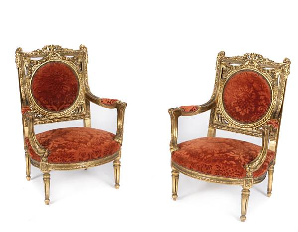 Appraisal: Four Louis XVI style upholstered armchairs height in width in