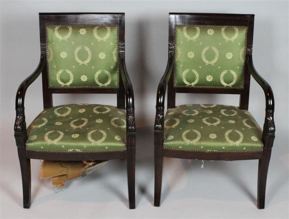 Appraisal: PAIR OF RESTORATION DOLPHIN CARVED ARM CHAIRS WITH GREEN WREATH