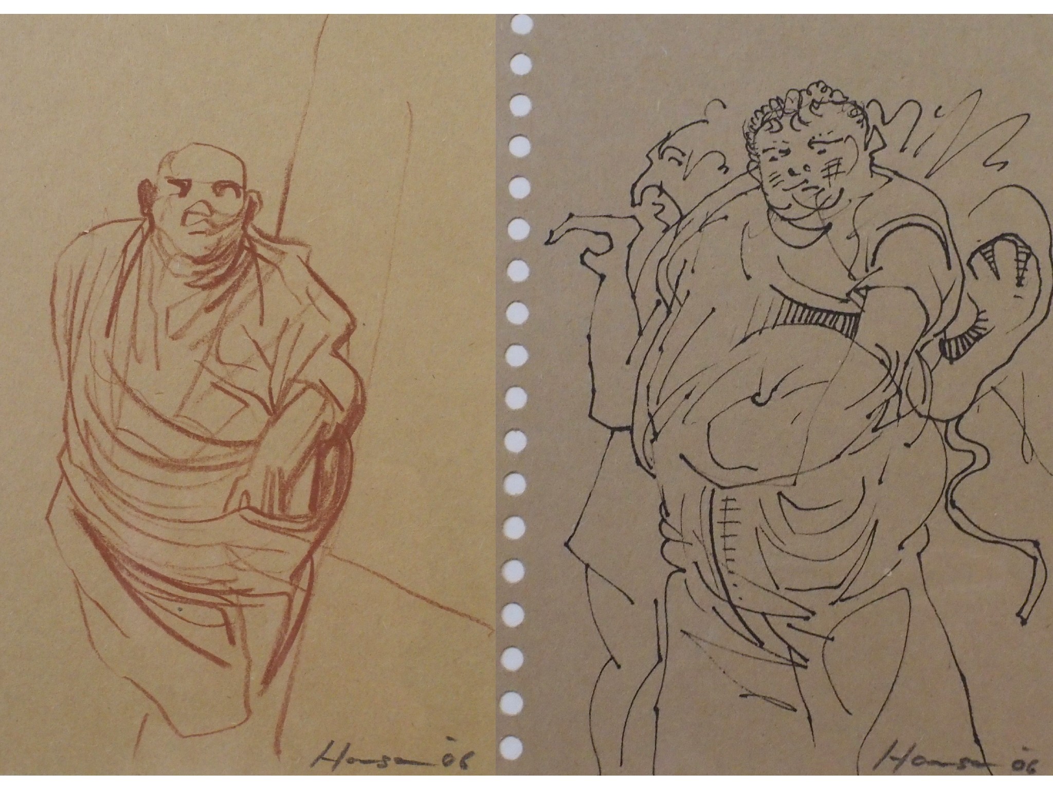 Appraisal: PETER HOWSON OBE Scottish b SANCHO PANZA two studies Ink