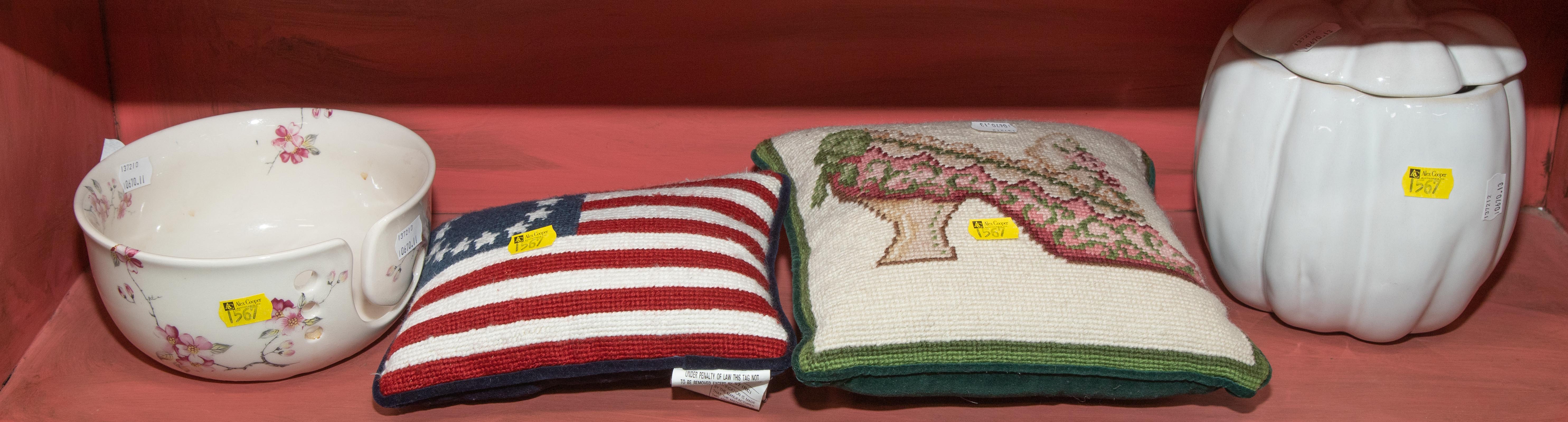 Appraisal: FOUR MISCELLANEOUS ITEMS Includes two small decorative needlepoint pillows a