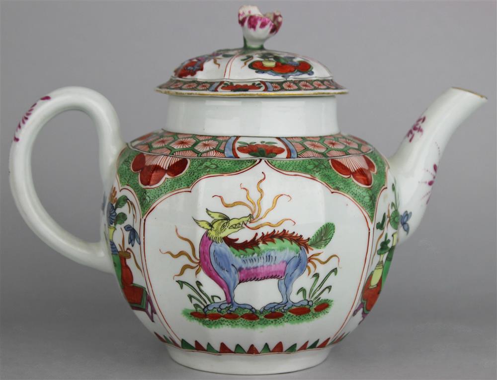 Appraisal: WORCESTER DRAGON IN COMPARTMENTS FLUTED TEAPOT ca blue pseudo Chinese