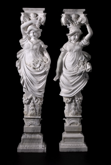 Appraisal: Large and Impressive Pair of Carved Carrara Marble Figural Pedestal