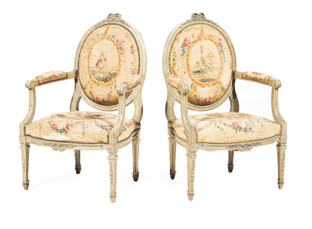 Appraisal: Pair of Antique Louis XVI-Style Creme Peinte Fauteuils bowknot crest