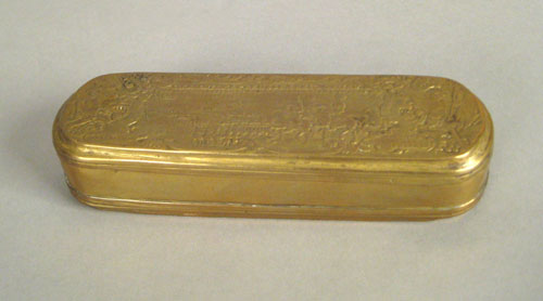 Appraisal: German brass snuff box dated with embossed scene of military