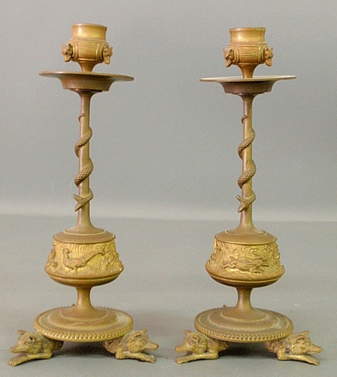 Appraisal: - Unusual pair of fire gilt candlesticks c decorated with