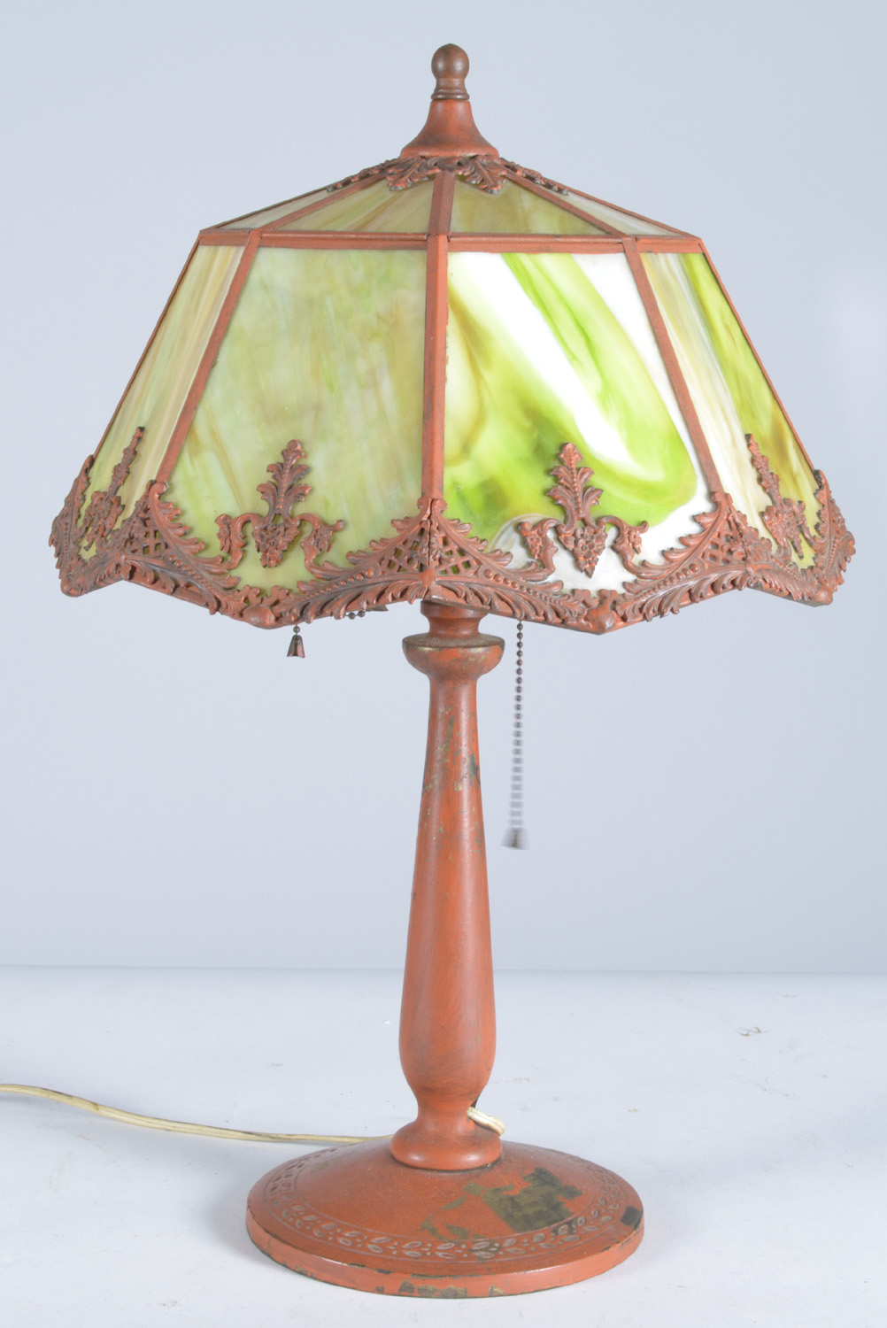 Appraisal: SLAG GLASS TABLE LAMP with octagonal green glass shade Painted