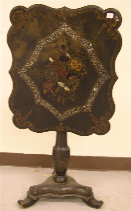 Appraisal: Tilt top Victorian papier mache stand with mother-of-pearl and abalone