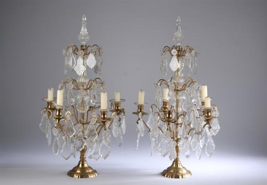 Appraisal: PAIR BRASS AND CUT GLASS FIVE-LIGHT CANDELABRA early th century