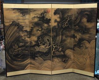 Appraisal: Japanese Four Japanese four-panel dragon screen a dragon soaring above