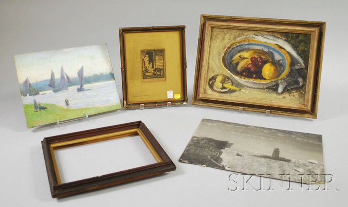 Appraisal: Five Assorted Framed and Unframed Works a painted coastal scene