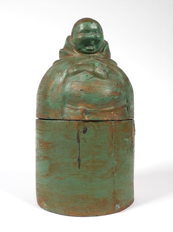 Appraisal: Frankart green painted metal figural box or decanter keep in