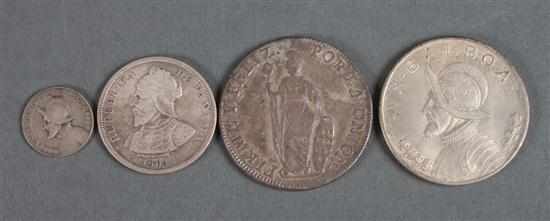 Appraisal: Four Latin American silver coins Peruvian reales F Panama balboa