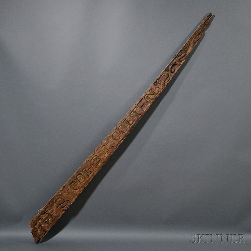 Appraisal: Relief-carved COL R J COLTON Wooden Ship's Bow Nameplate America