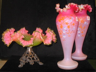 Appraisal: THREE AMERICAN VICTORIAN ART GLASS ITEMS One is a ruffled