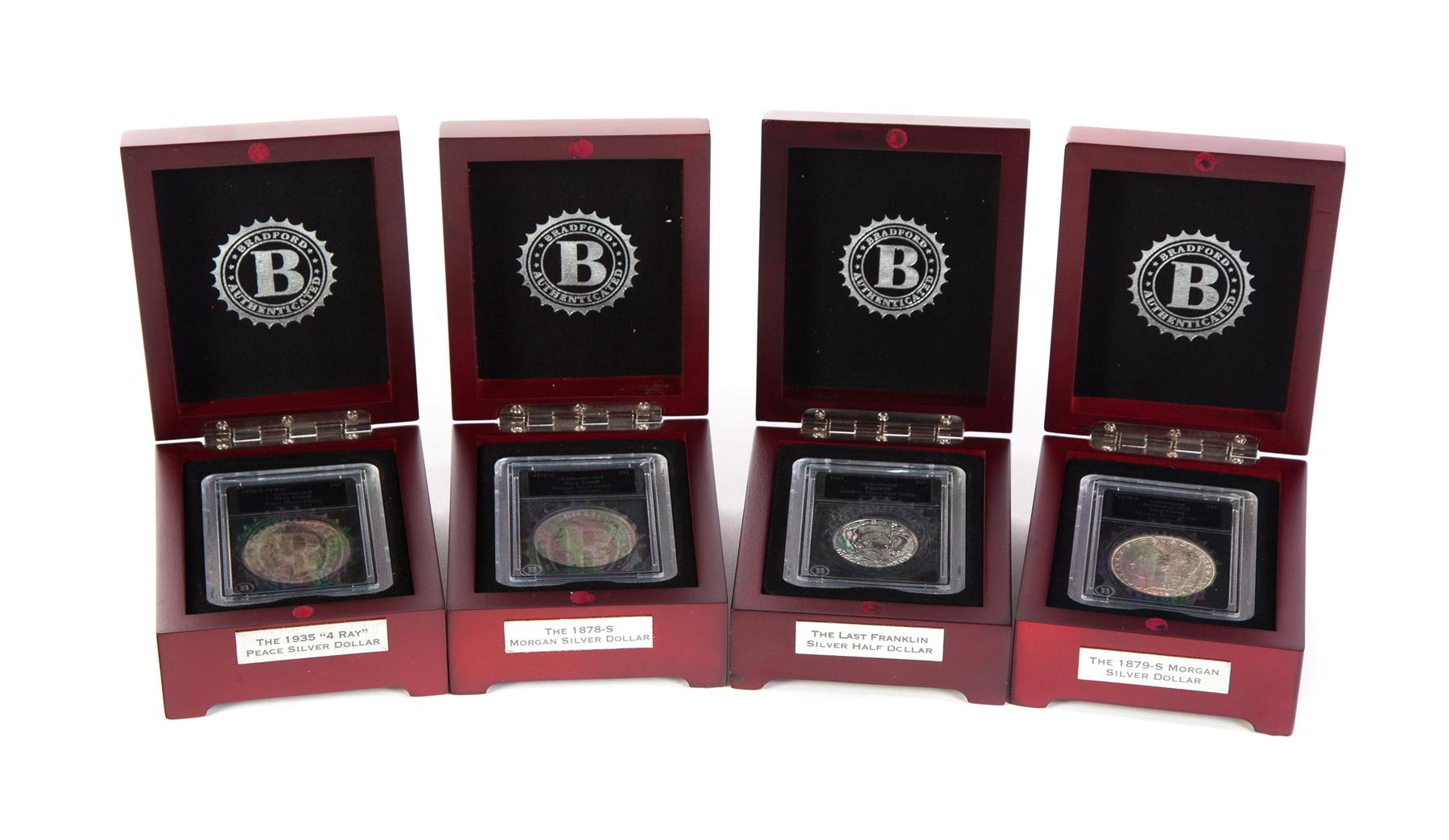 Appraisal: FOUR COINS All from Bradford Authenticated slabbed and in fitted