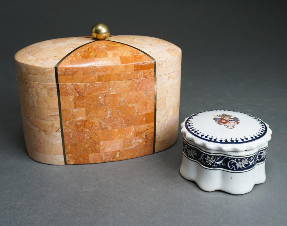 Appraisal: MAITLAND-SMITH WOOD INLAID STONE AND CHINESE PORCELAIN BOXESMaitland-Smith Wood Inlaid