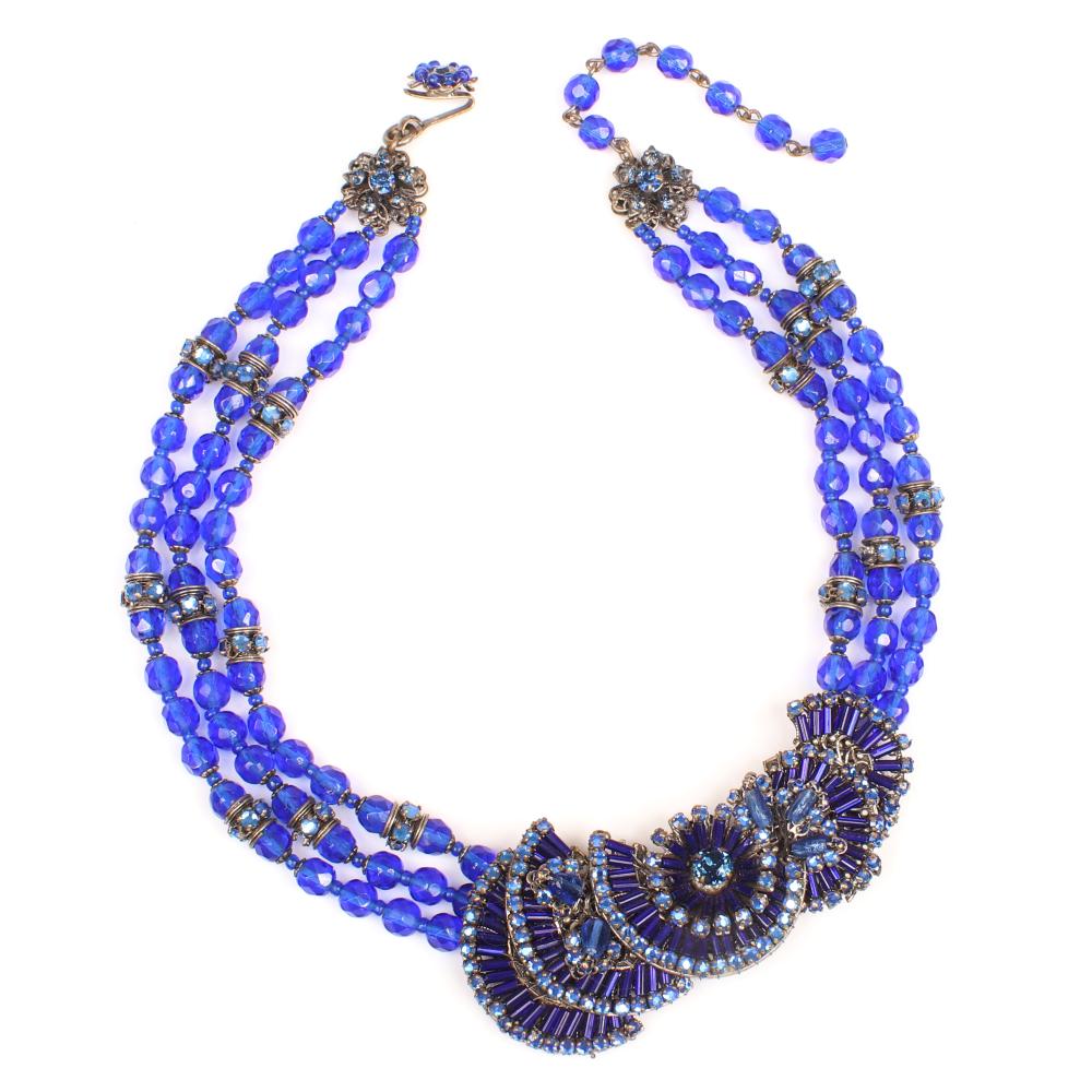 Appraisal: MIRIAM HASKELL TRIPLE STRAND NECKLACE WITH BLUE GLASS BEADS RONDELLES