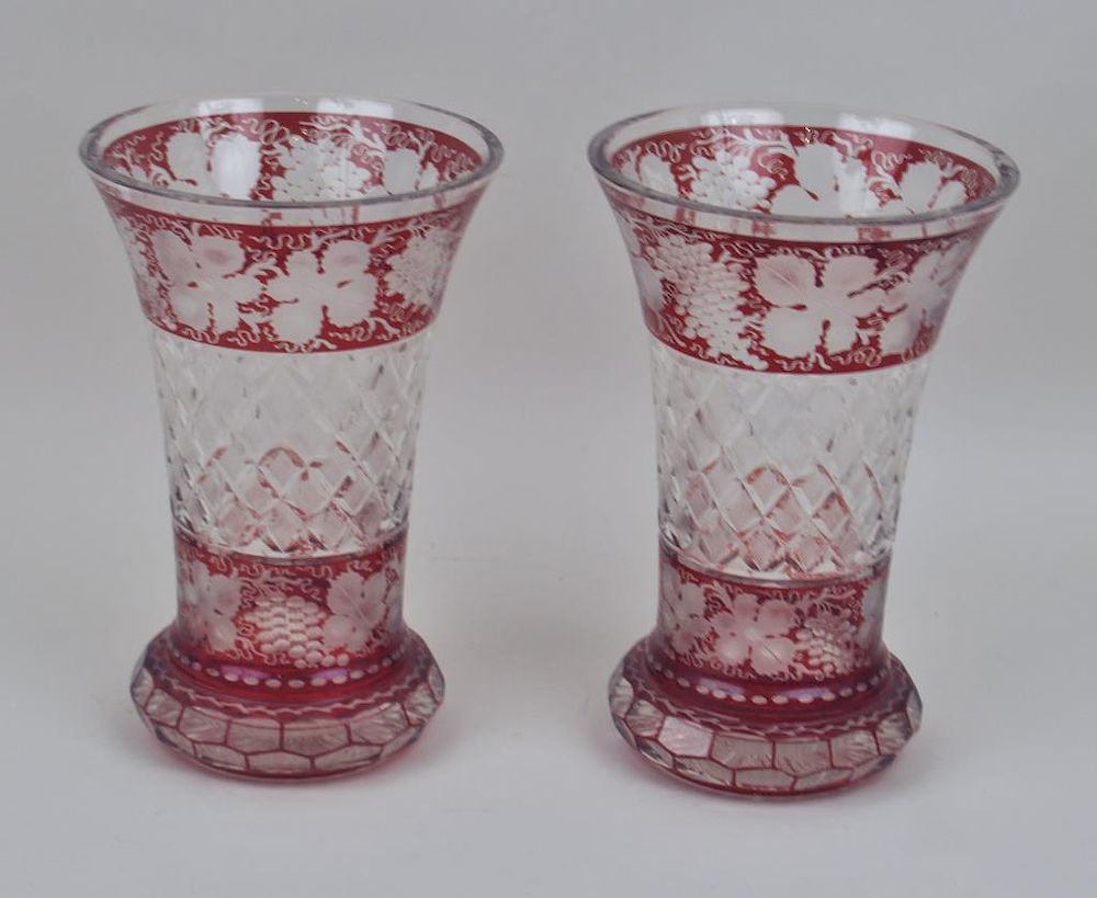 Appraisal: Pair Cranberry Cut Clear Crystal Vases with slight wear minor