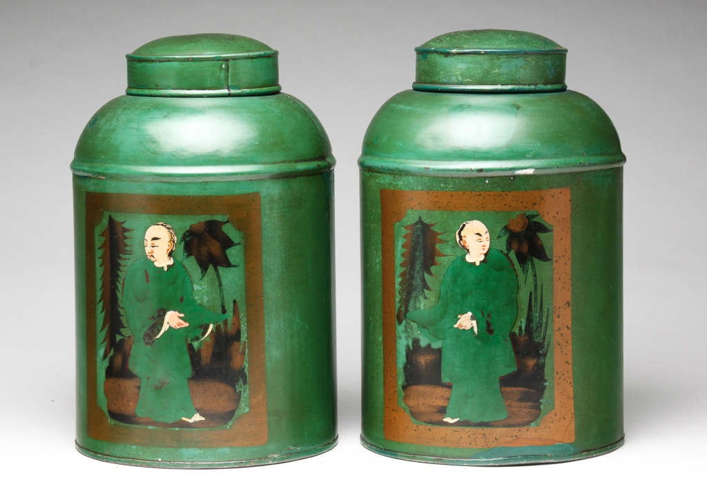 Appraisal: PAIR OF CHINESE TEA TINS Nineteenth century tins with th