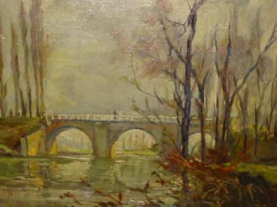 Appraisal: BERTRAM PRIESTMAN Riverside with Figure on a Bridge signed on