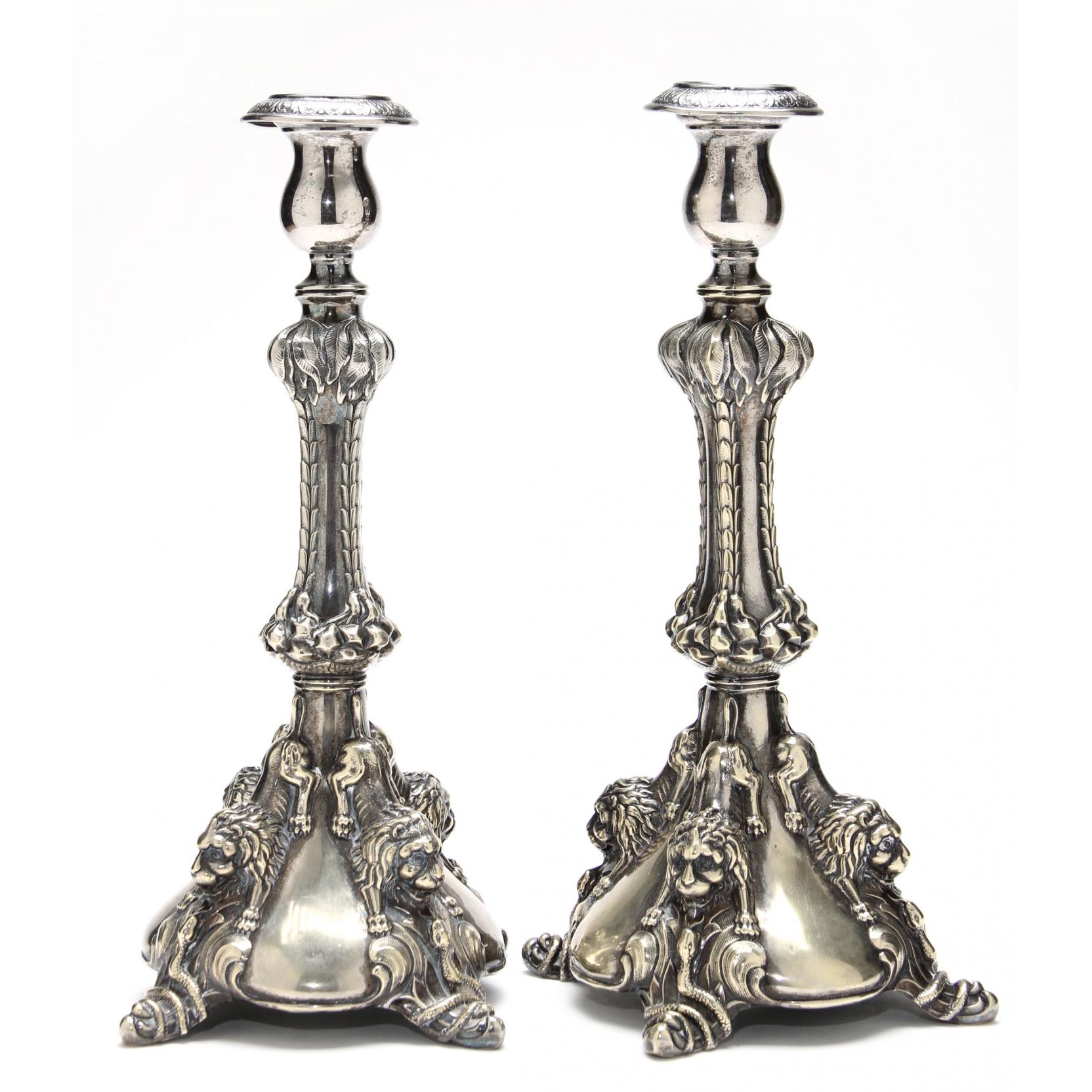 Appraisal: Pair of Continental Silverplate Candlesticks likely French mid- th century