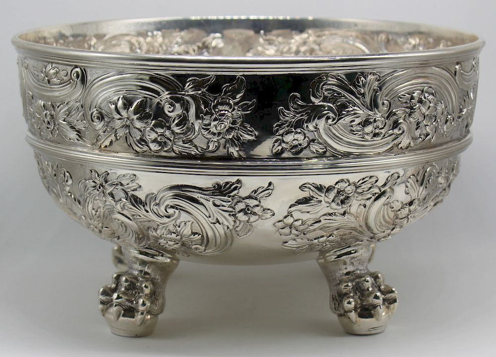 Appraisal: SILVER Antique English Silver Punch Bowl Footed repousse English silver