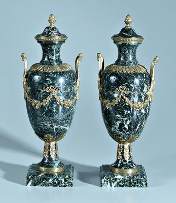 Appraisal: Pair bronze mounted marble urns dark green and gray marble