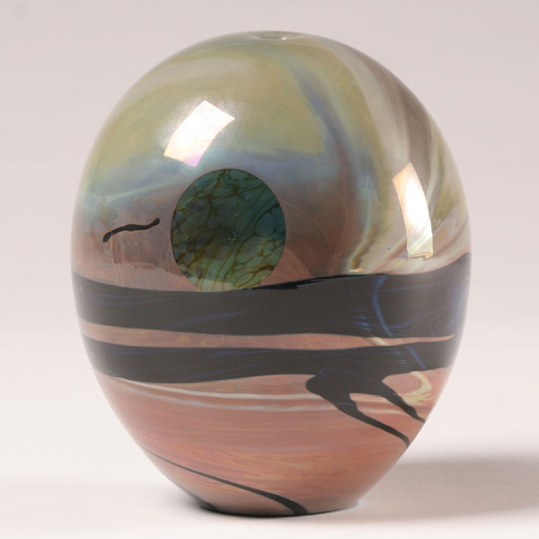 Appraisal: John Lewis studio art glass moon vase engraved Lewis '