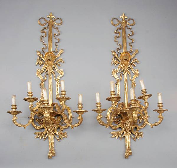 Appraisal: A pair of Louis XVI style gilt bronze five light