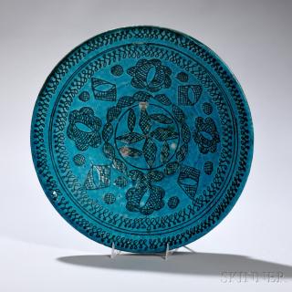 Appraisal: Turquoise-glazed Plate Turquoise-glazed Plate Persia Kashan style shallow bowl shape