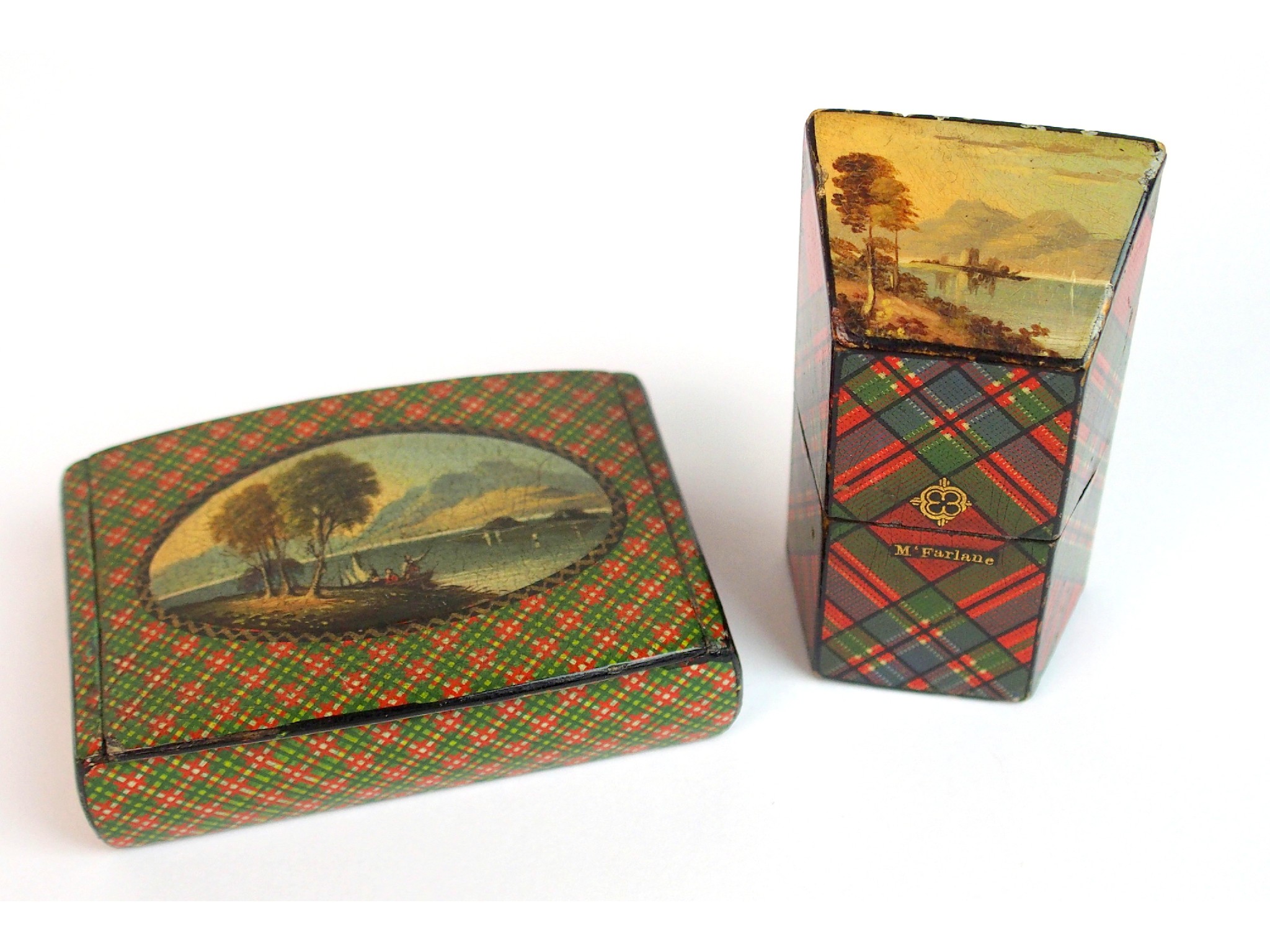 Appraisal: A th Century Mauchline Tartanware hand painted scenic snuff boxthe