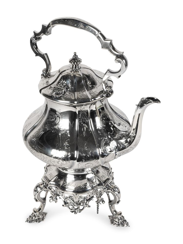 Appraisal: A Victorian Silver Hot Water Kettle-on-Stand Height inches A Victorian