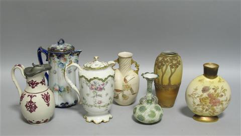 Appraisal: SEVEN VASES AND TEA POTS Comprising a smear-glazed pitcher with