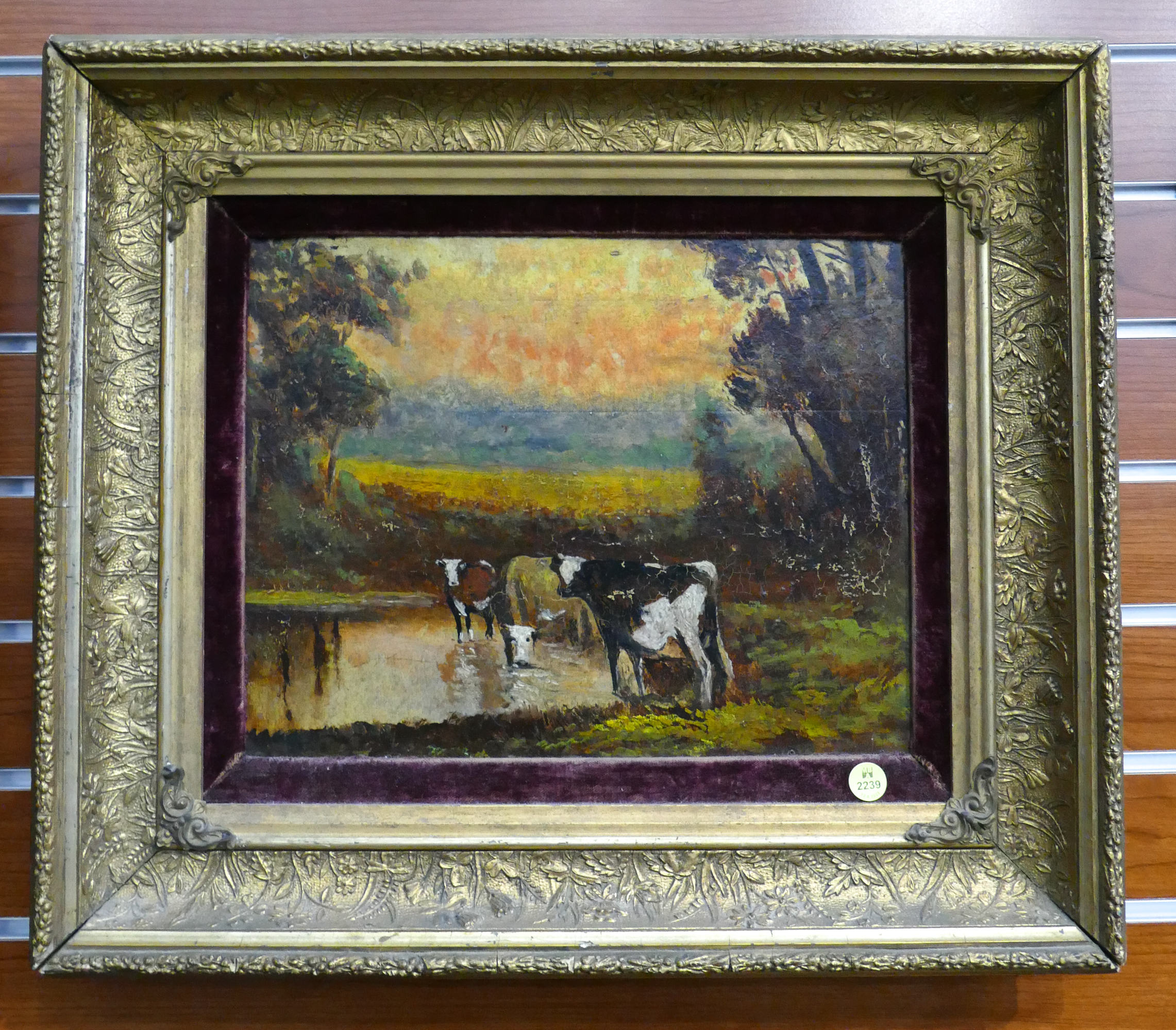 Appraisal: Antique Naive Cows Drinking from Pond Oil on Board Framed-