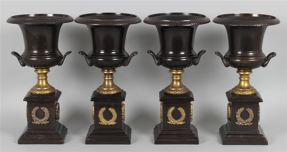 Appraisal: SET OF FOUR NEOCLASSICAL STYLE BRASS MOUNTED PATINATED METAL URNS