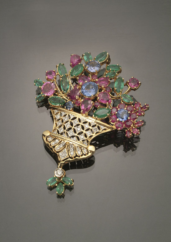 Appraisal: -Karat Yellow-Gold White-Gold Diamond Blue Sapphire Ruby and Emerald 'Floral'