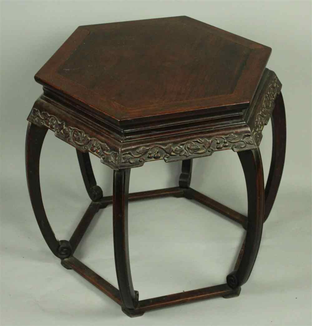 Appraisal: CHINESE HEXAGONAL HARDWOOD STOOL of barrel form carved with gourd