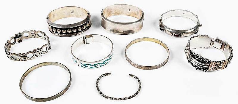 Appraisal: Nine Bracelets six sterling silver including hinged bangles bangles cuff