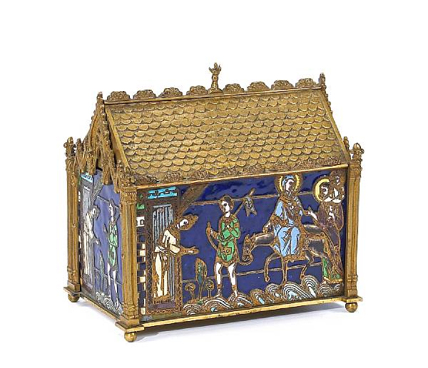 Appraisal: A Gothic style gilt brass and champlev enamel architectural casket