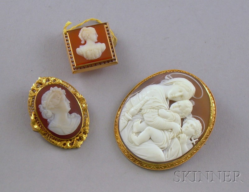 Appraisal: Group of Three Antique Gold-framed Cameos one shell-carved cameo of