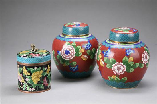 Appraisal: THREE PIECES OF CLOISONNE Pair of large ginger jars with