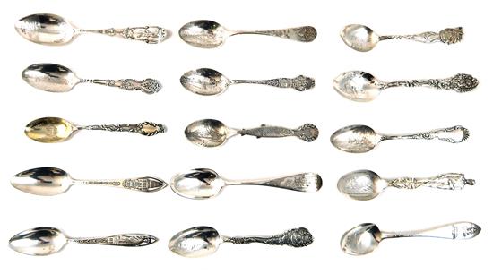 Appraisal: SILVER Fifteen sterling silver souvenir spoons commemorating various locations including