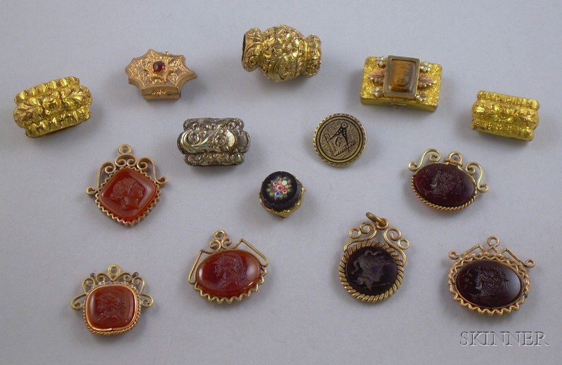 Appraisal: Group of Slides Six Intaglio Fobs and an Enamel Decorated