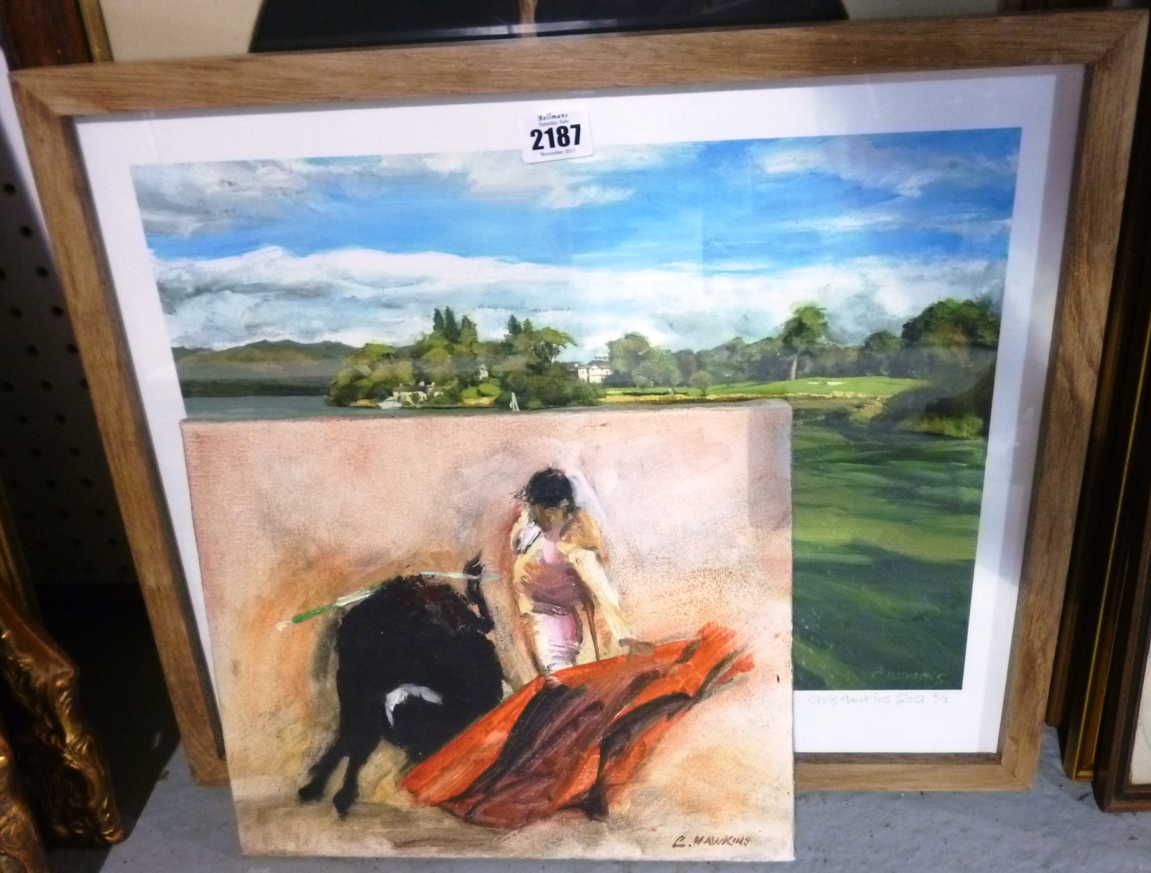 Appraisal: Chris Hawkins contemporary Bullfighter Golf course two oils