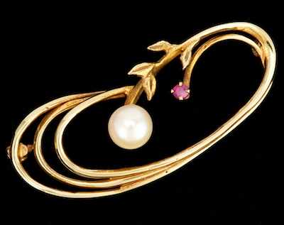 Appraisal: A Ladies' Pearl and Ruby Brooch k yellow gold brooch