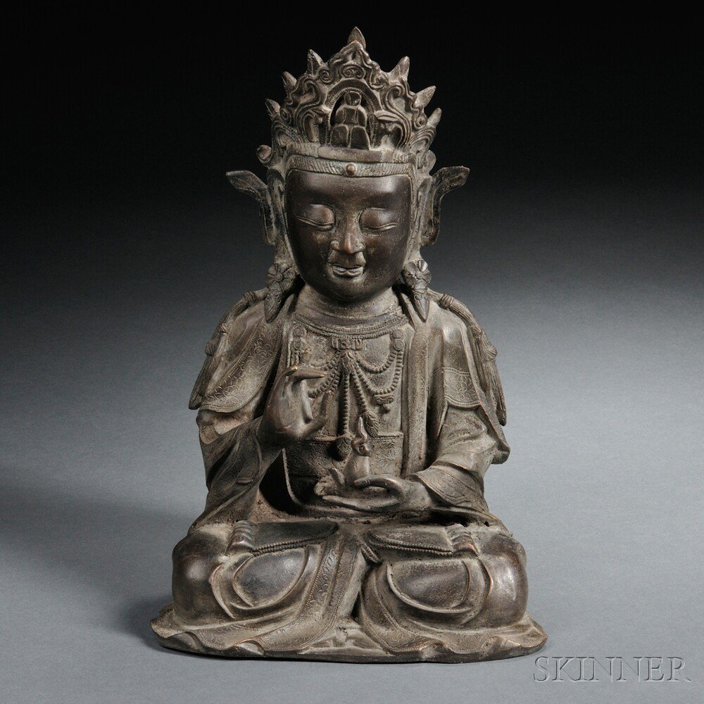 Appraisal: Ming-style Bronze Figure of Guanyin China the bodhisattva depicted seated