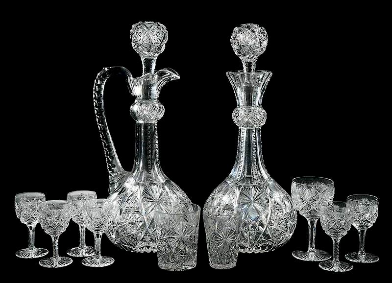 Appraisal: W C Anderson Cut Glass Decanters Stems Fredericka pattern attributed